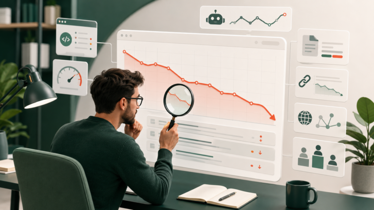 SEO-specialist undersøger faldende placeringer på Google og mulige årsager til tabt synlighed.