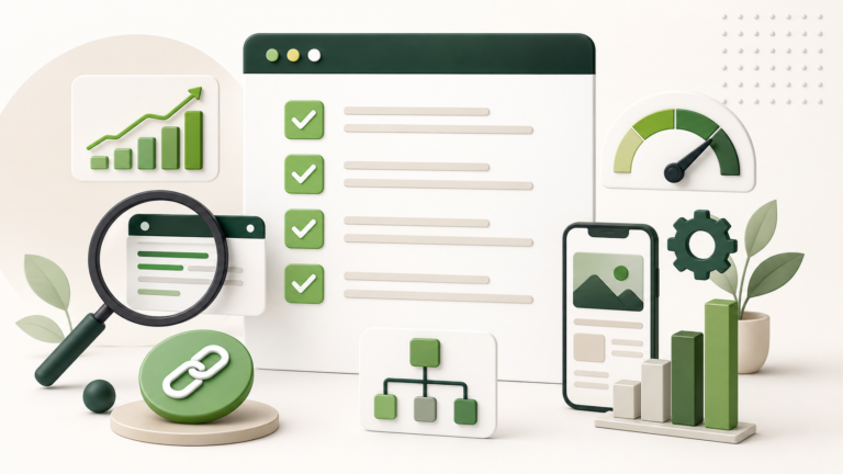 SEO-tjekliste med teknisk SEO, indhold, interne links, mobilvenlighed og hastighedsoptimering.