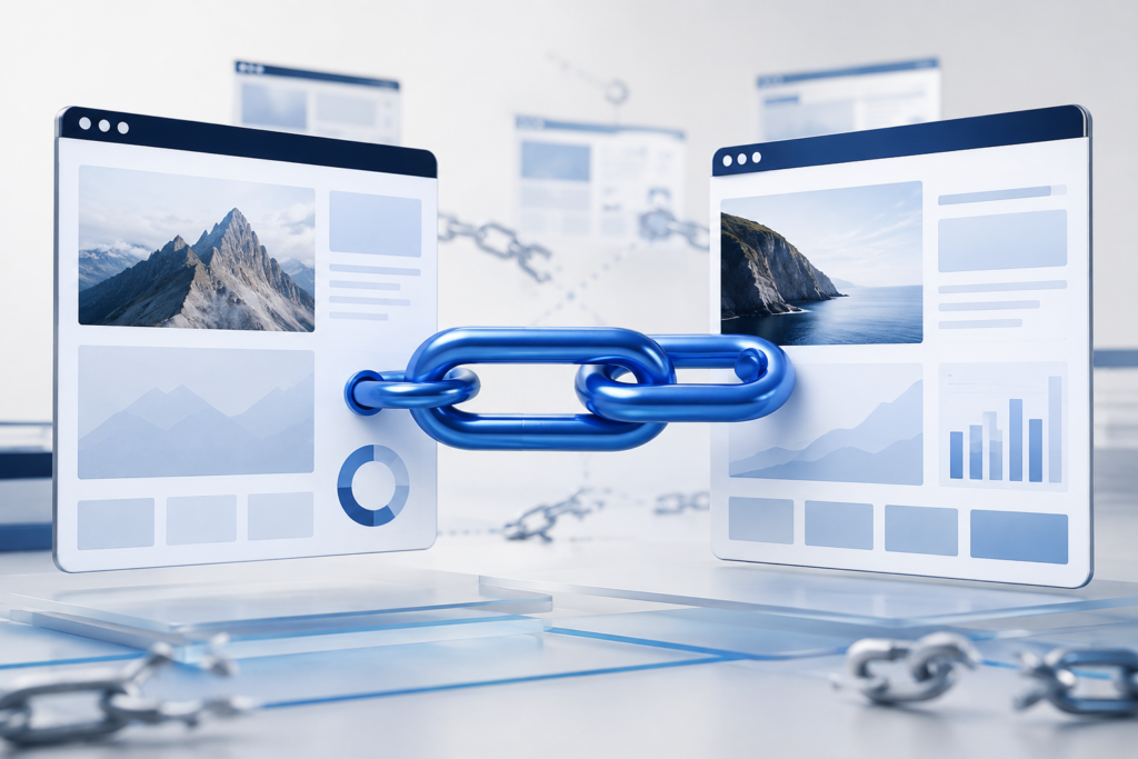 Stærkt blåt backlink forbinder to relevante hjemmesider