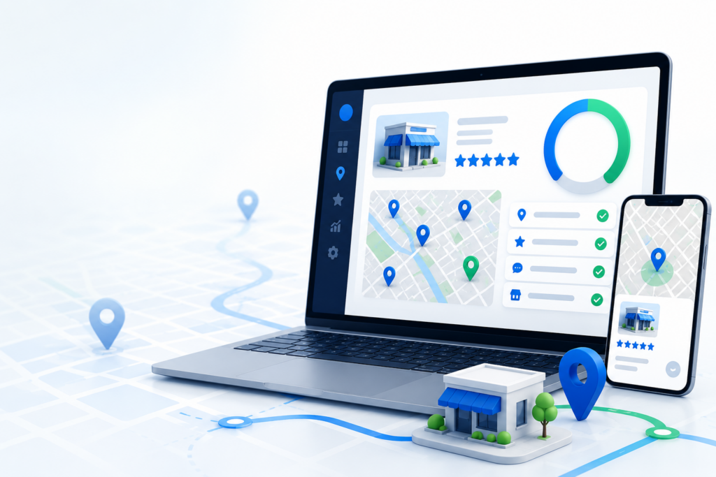 Lokal SEO-score med Google Maps-resultater, anmeldelser og virksomhedsprofil