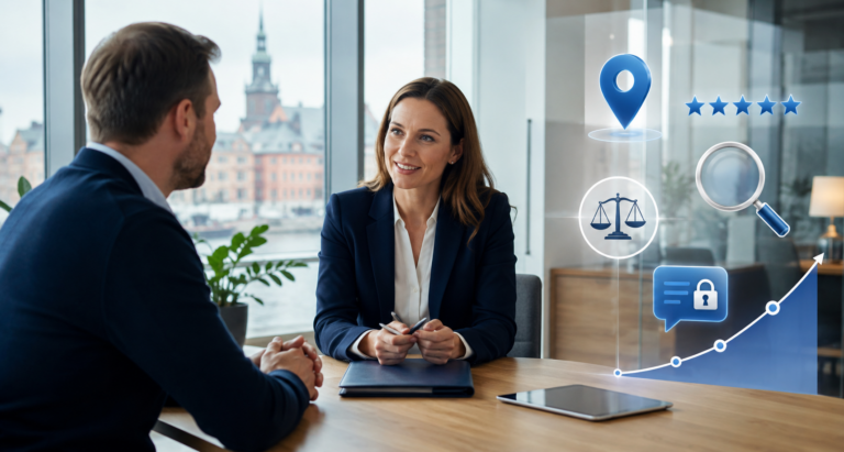 Advokat rådgiver en klient på et moderne kontor med symboler for lokal søgning, anmeldelser, juridisk hjælp og øget synlighed.