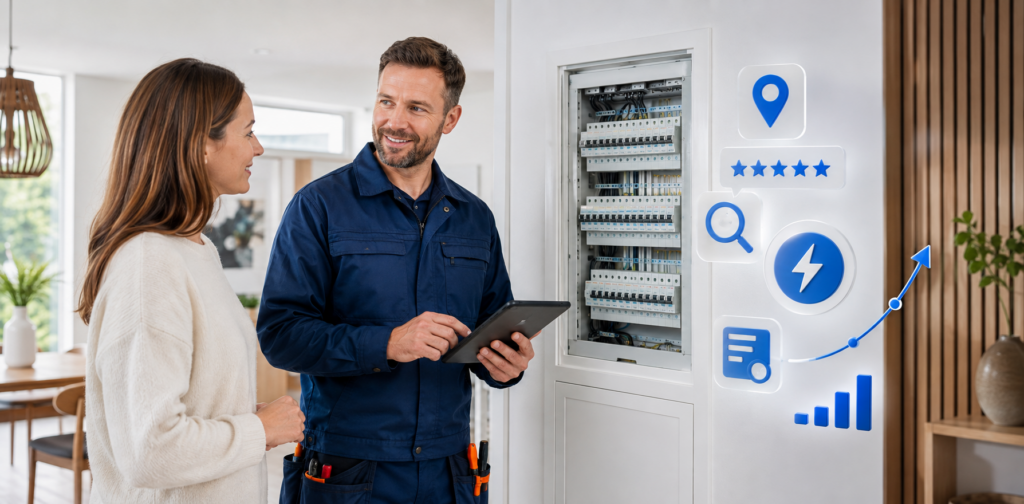 Elektriker gennemgår en moderne eltavle med en kunde og symboler for lokal søgning, anmeldelser og øget synlighed.