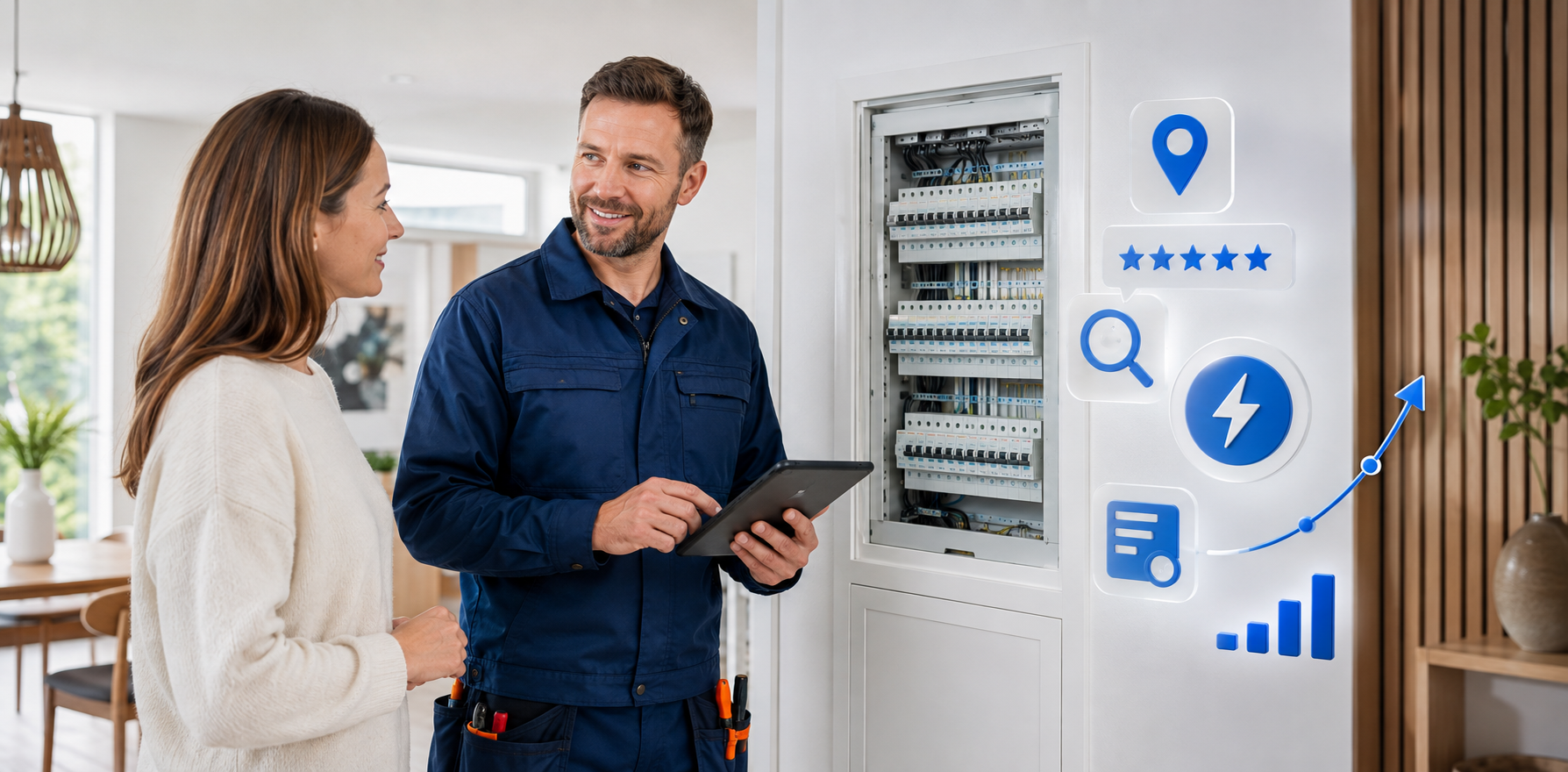 Elektriker gennemgår en moderne eltavle med en kunde og symboler for lokal søgning, anmeldelser og øget synlighed.