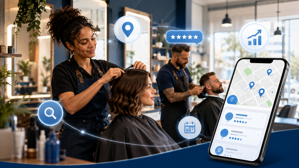 Frisør og barber arbejder i en moderne salon med symboler for Google Maps, anmeldelser, online booking og lokal synlighed.