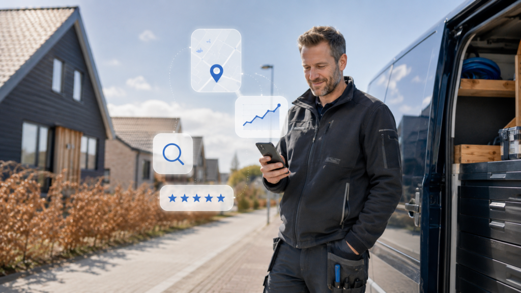 Håndværker bruger sin mobiltelefon ved en firmabil med symboler for lokal SEO, Google Maps og kundeanmeldelser.