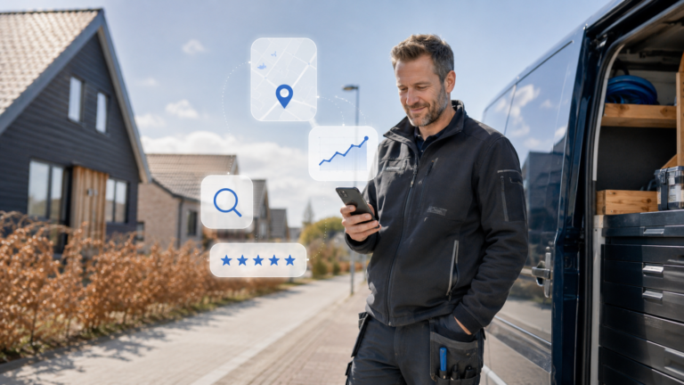 Håndværker bruger sin mobiltelefon ved en firmabil med symboler for lokal SEO, Google Maps og kundeanmeldelser.