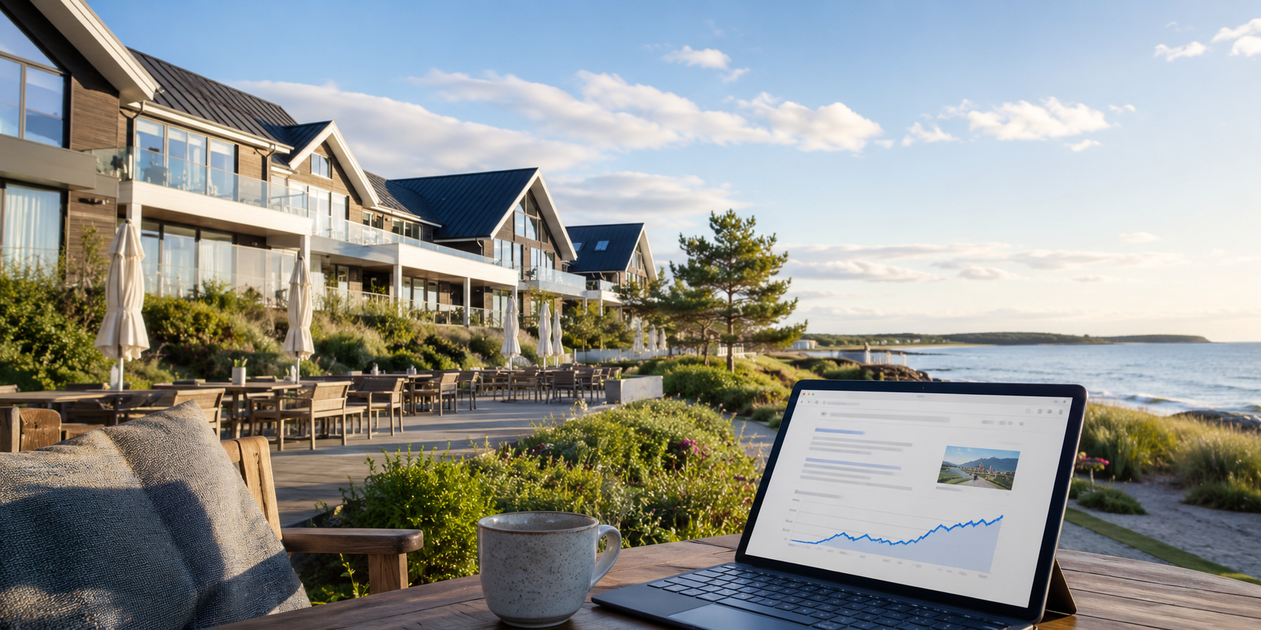 Moderne hotel og feriecenter ved kysten med visning af stigende synlighed fra SEO