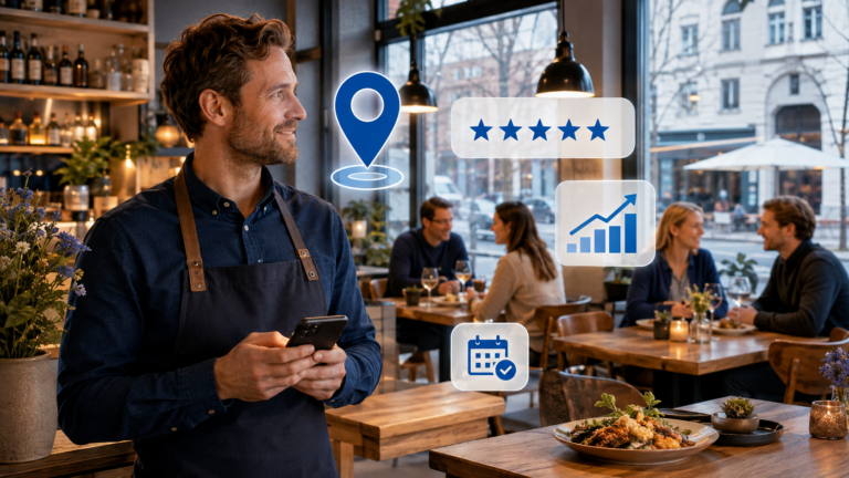 Restaurantindehaver med mobiltelefon omgivet af symboler for Google Maps, anmeldelser, bordbooking og øget lokal synlighed.