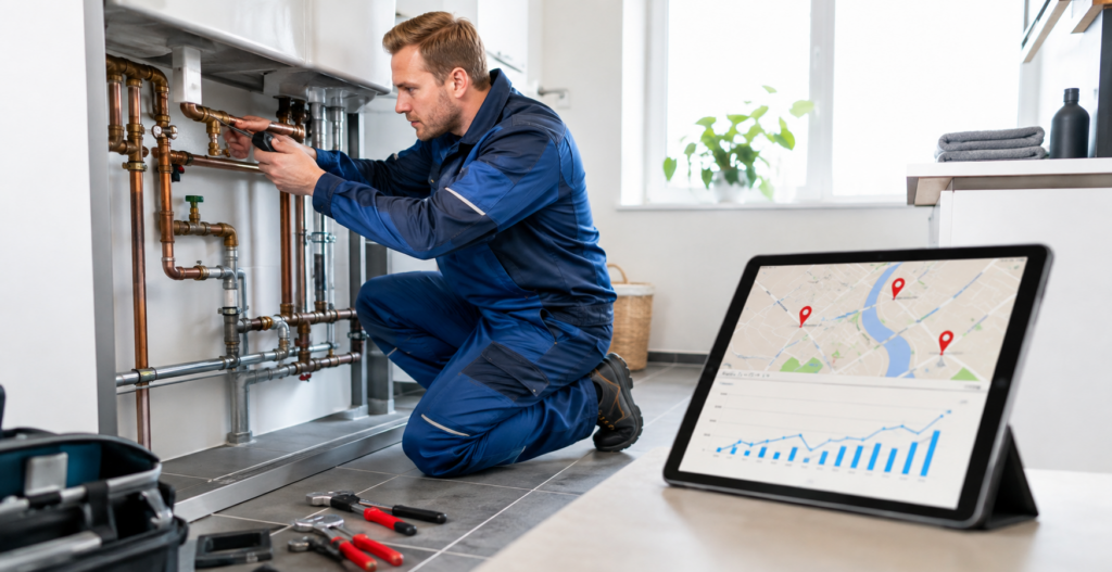 VVS-installatør arbejder på rørinstallation med lokal SEO og stigende synlighed