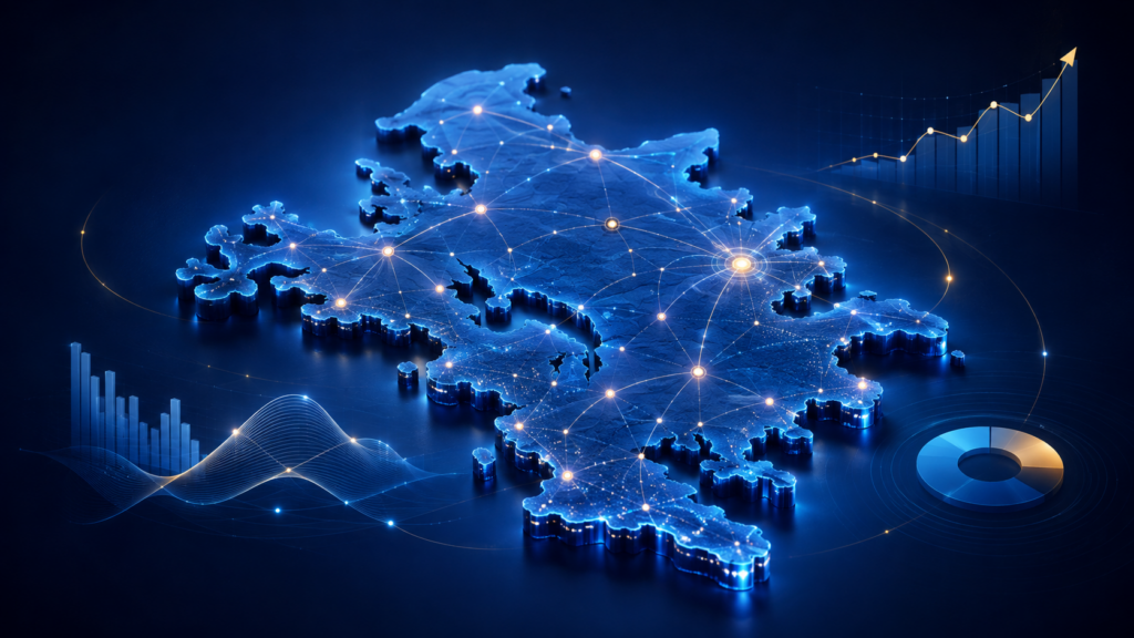 SEO på Sjælland illustreret med digitale forbindelser, dataanalyse og stigende synlighed