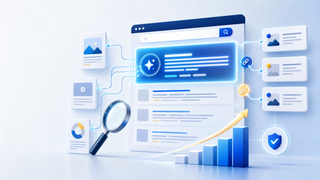 Illustration af SEO-indhold, der bliver synligt i Google AI Overviews