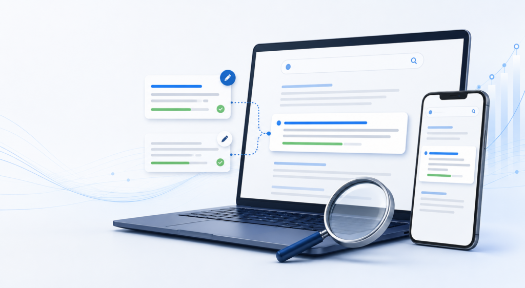 SERP preview og metagenerator med søgeresultat vist på computer og mobil
